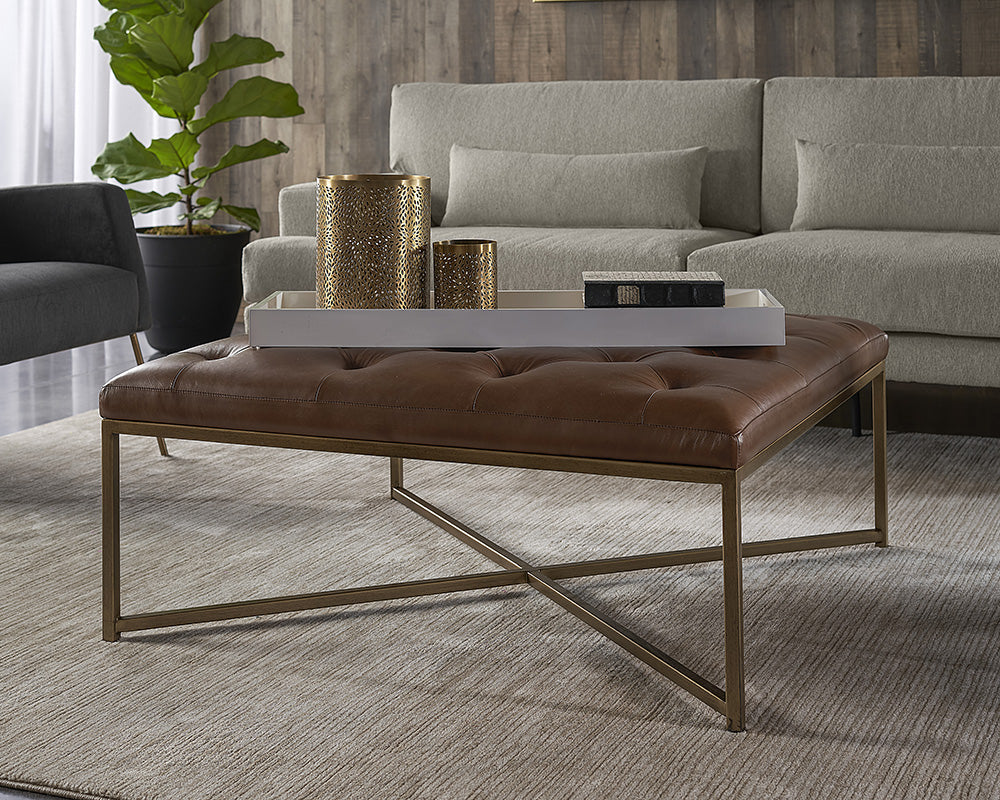 Endall Ottoman - Antique Brass - Vintage Camel Leather