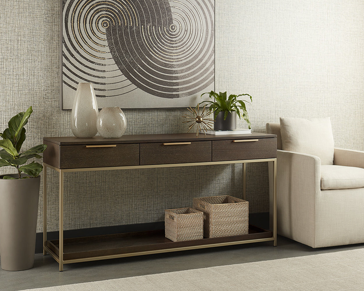 Rebel Console Table With Drawers - Gold - Charcoal Grey