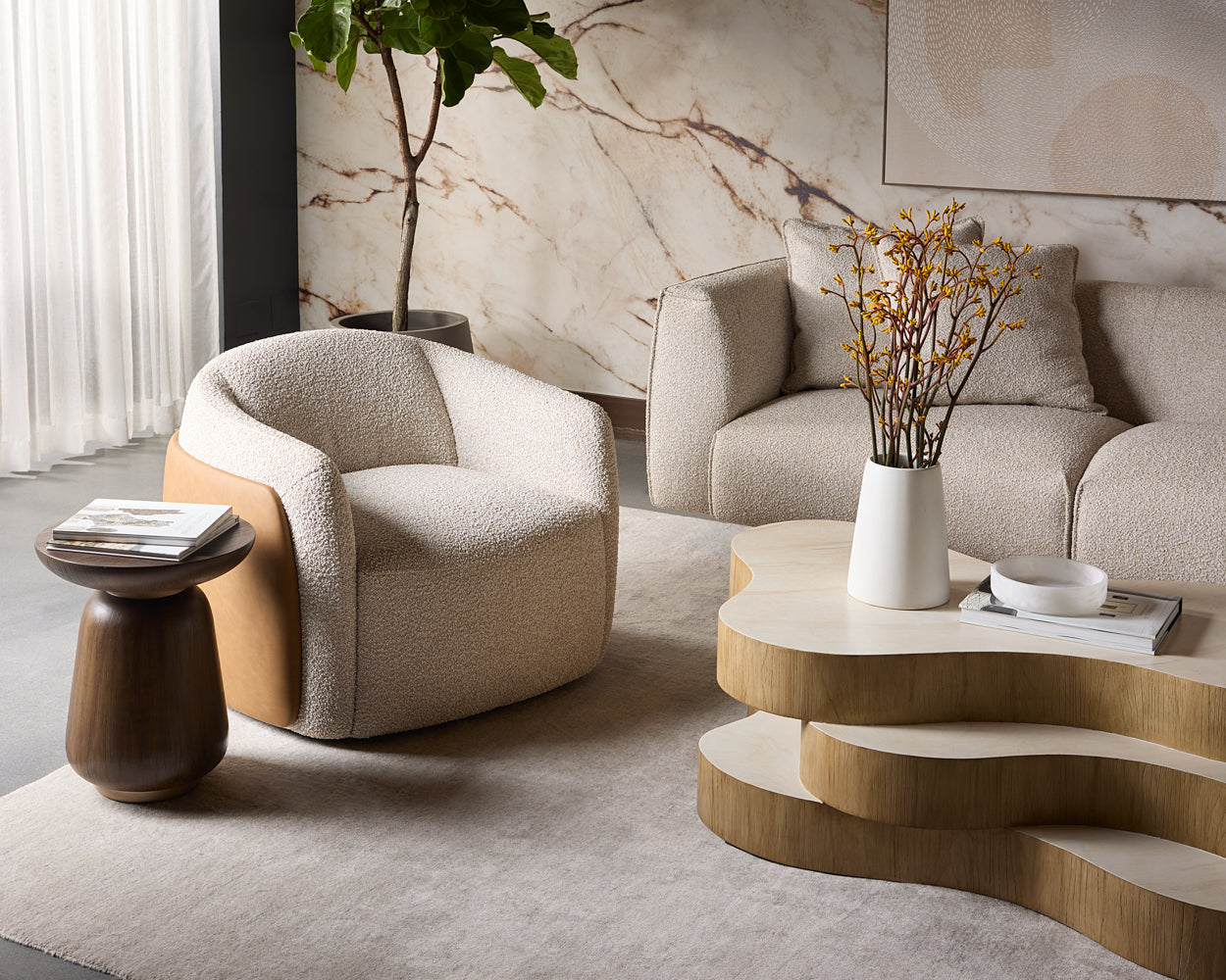 Caris Swivel Lounge Chair - Santa Cruz Oatmeal / Milliken Cognac